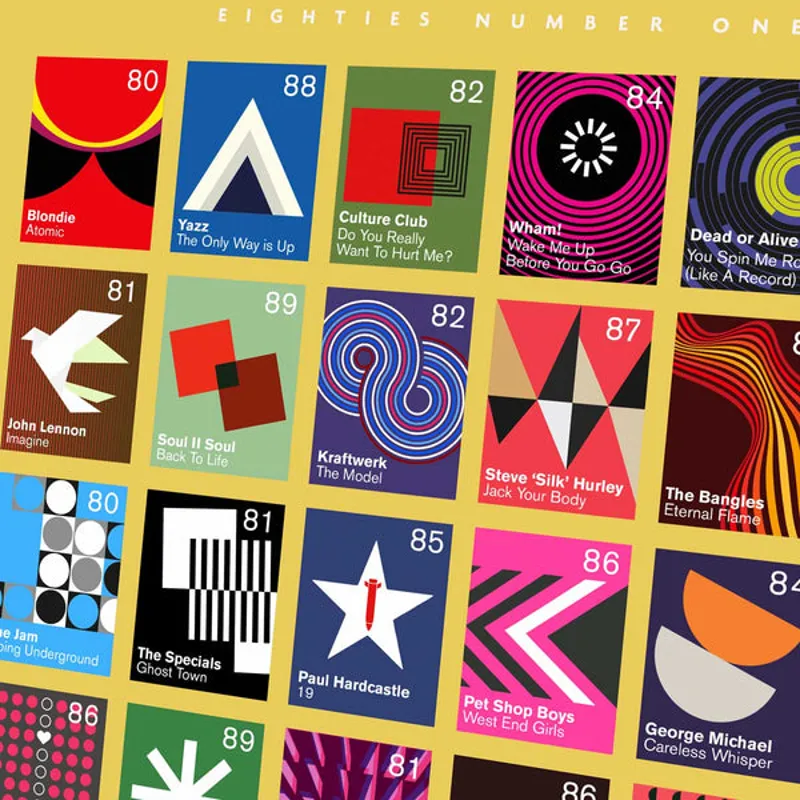 Number Ones of the Eighties - A3 Music Poster Print in an Oak Frame-1